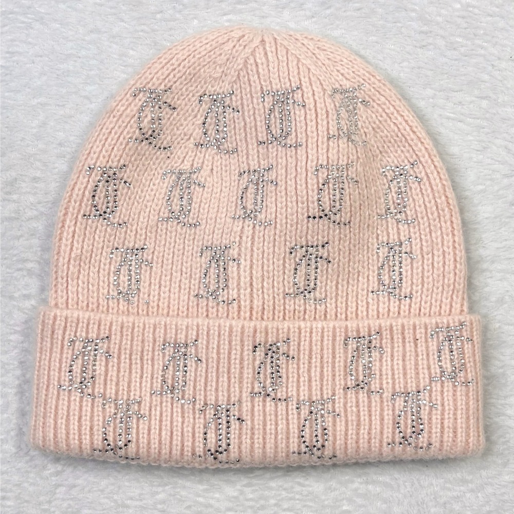 Juicy Couture Pink Rhinestone Monogram Knit Beanie Hat One Size BLING‎ RN105797